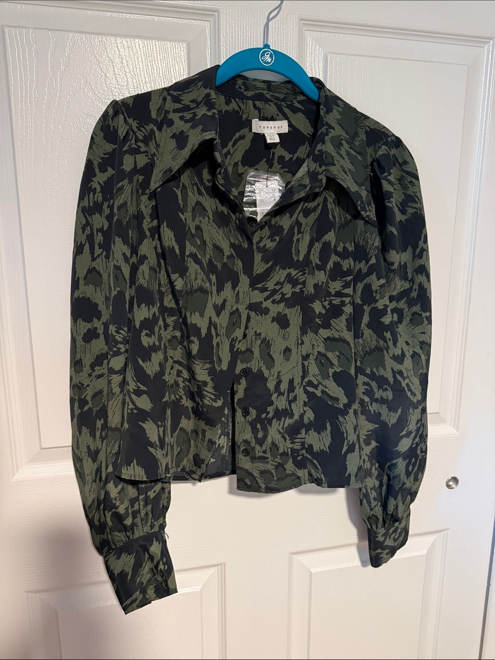 Topshop Olive Green & Black Printed Button-Front Top size 8